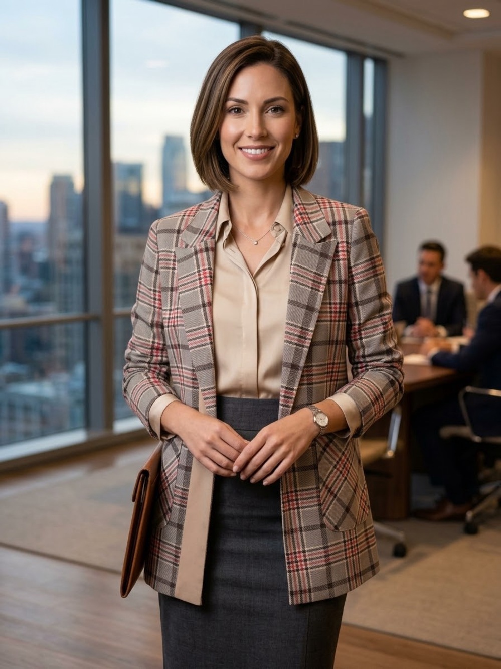 Solitaire Plaid Open-Front Blazer Cardigan Brown Red Pockets Large Stretch fall